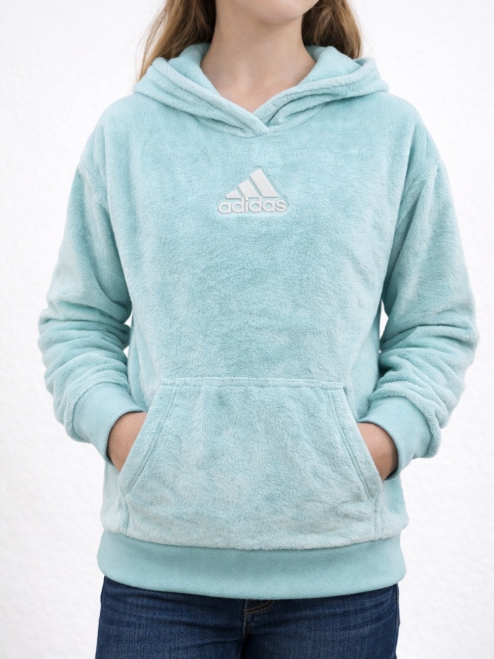 Adidas Girls Faux Fur Hoodie Ice Blue Size Medium (Youth M 10/12)